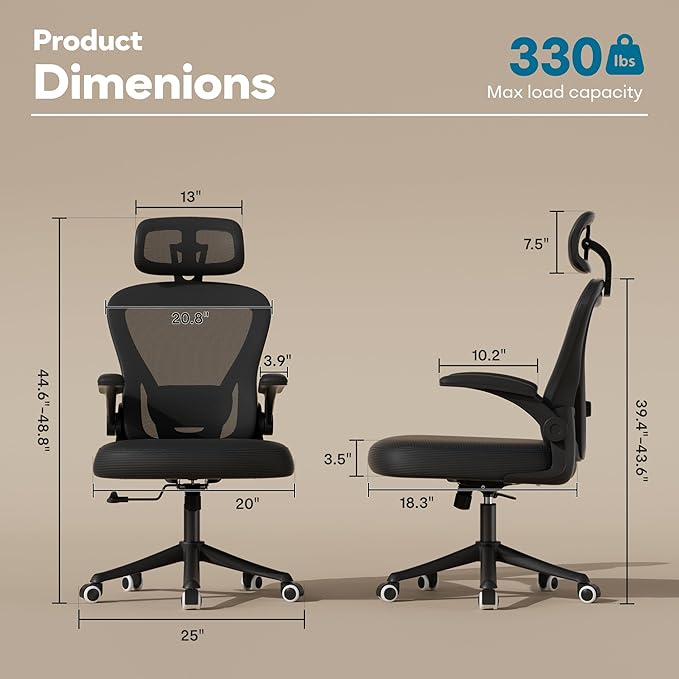 SeekFancy Ergonomic Office Chair M903, Computer Desk Chair with Wheels, High Back Mesh Office Chair with Adjustable Lumbar Support, Headrest, Flip-Up Armrests, Black
