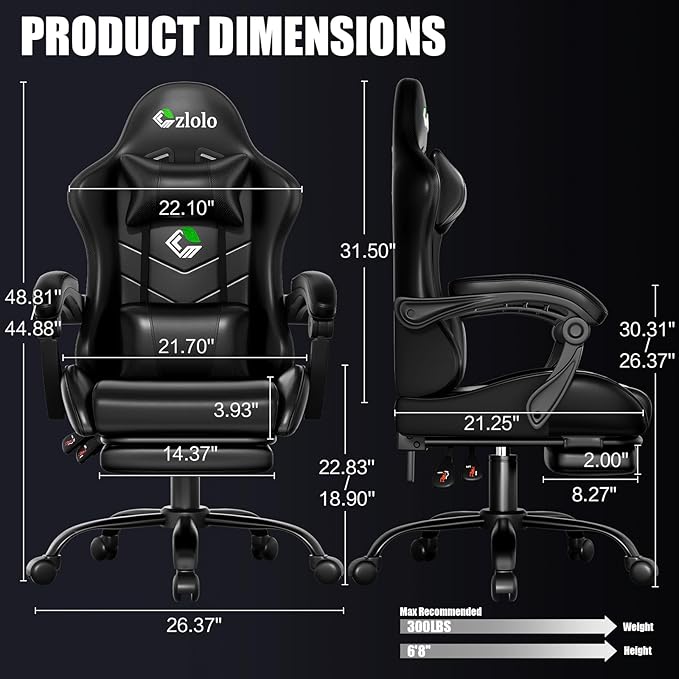 Czlolo Gaming Chair, Ergonomic Office Computer Chair with Footrest and Lumbar Support Massager Racing Style High Back Video Gamer Chair, Wide＆Thick Cushion, 90°-135° Recline, Adjustable Height, Black