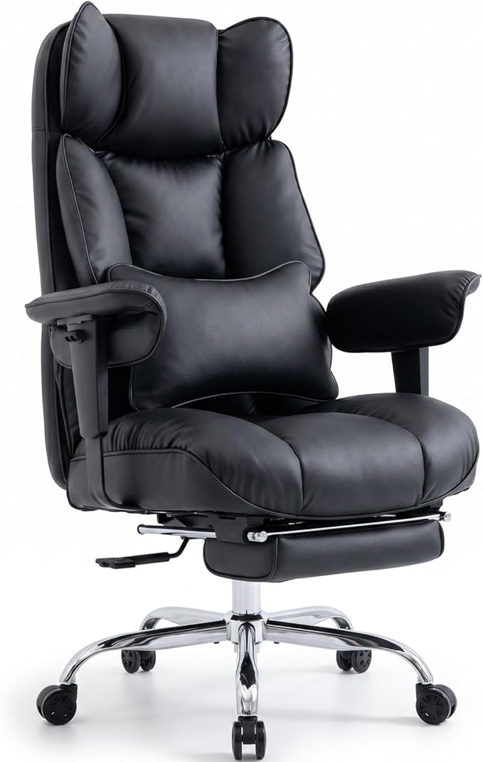 Efomao Big and Tall Office Chair 400lbs - Heavy Duty Reclining Desk Chair with Footrest, Spacious High Back PU Leather Executive Chair, Double-Layer Spring Support, Black