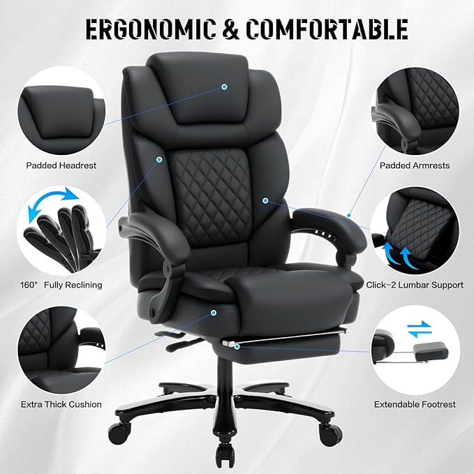 500lbs Recliner Office Chair with Footrest Lumbar Support, Wide Seat Plus Size 500lbs Big Tall Reclining Office Desk Chair, Black