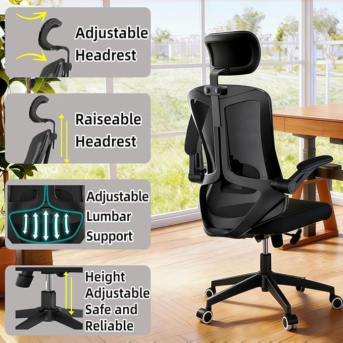 Ergonomic Office Chair - 350LB Comfy Desk Chairs with Adjustable Headrest and Lumbar Back Support, Mesh Computer Chairs with Wheels and Arms for Home Office, Study (Black-with Headrest)