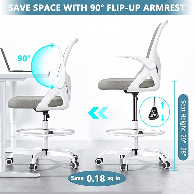 Kensaker Drafting Chair Tall Office Chair, Ergonomic Standing Desk Chair with Adjustable Foot Ring and Flip-up Armrests, Mesh Computer Chair for Art Studio, 300 LBS, Gray