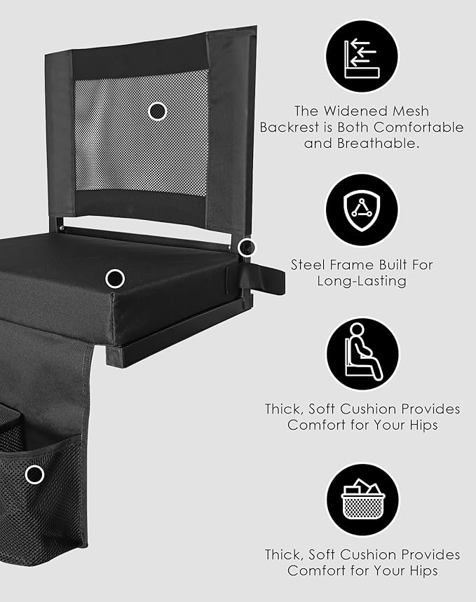 Stadium Seats for Bleachers with Back Support, Bleacher Chairs with Backs and Cushion Wide, Portable Folding Seats with Magnetic Bottom Strips, Includes Shoulder Strap - Black (2, Black)