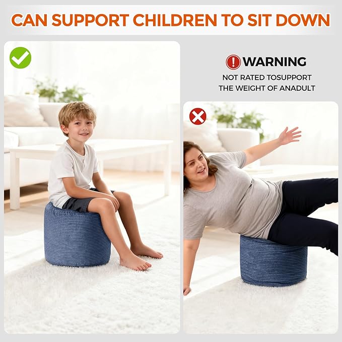 26" x 26" x 18" Pouf Ottoman Foot Rest, Pre-Stuffed Round Foot Stool with Odorless Shredded Memory Foam, Furry & Fluffy Corduroy Footrest for Living Room, Navy