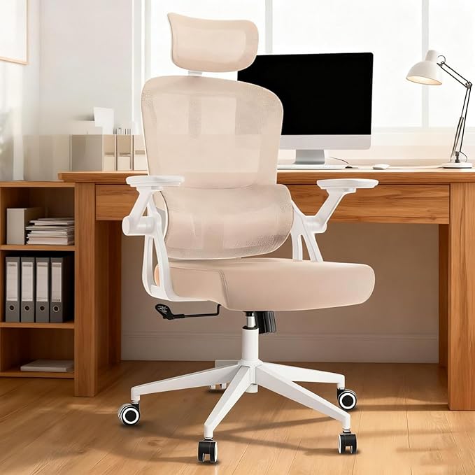 350 LBS Ergonomic Office Computer Mesh Chair - Adjustable Height Rolling Desk Chair with Flip-Up Armrests & High Back Support - Comfortable Swivel Task Chair for Home Office (01KHAKI)