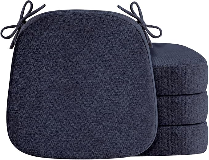 D-Shaped Chair Cushions for Dining Chairs, 2.5” Thick Chair Pads with Washable Comfortable Textured Cover, Non Slip Kitchen Chair Cushions with Ties, 16.5" x 16.5", 4 Pack, Navy