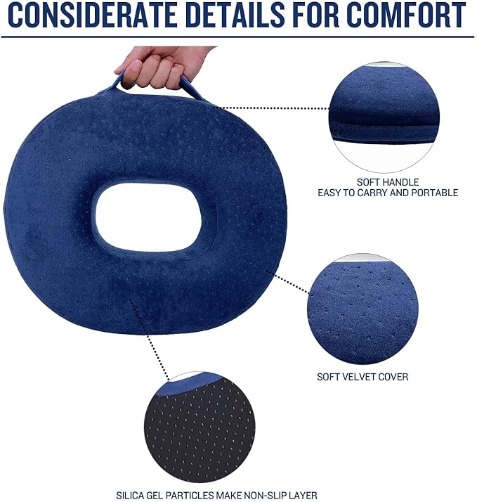 Donut Pillow Memory Foam Seat Cushion - Non-Slip Bottom,Portable Orthopedic Hemmoroid Pillow Cushion Support Pad for Tailbone Pain，Coccyx, Bed Sores, Post Natal, Sciatica (Blue)