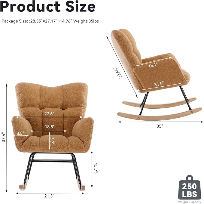 FOXHUNTER Rocking Chair Nursery Teddy Upholstered Glider Rocker High Backrest Nursery Rocker Comfortable Stylish Accent Armchair for Living Rooms Bedrooms Offices (Teddy Kahaki)