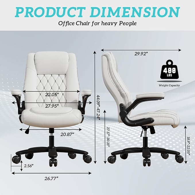 GYI Office Chair, Ergonomic Computer Desk Chair, Leather Executive Office Chair with High Back, Lumbar Support, Flip-up Arms, Wide and Thick Padded Seat, Heavy Duty Base, Rubber Wheels, White