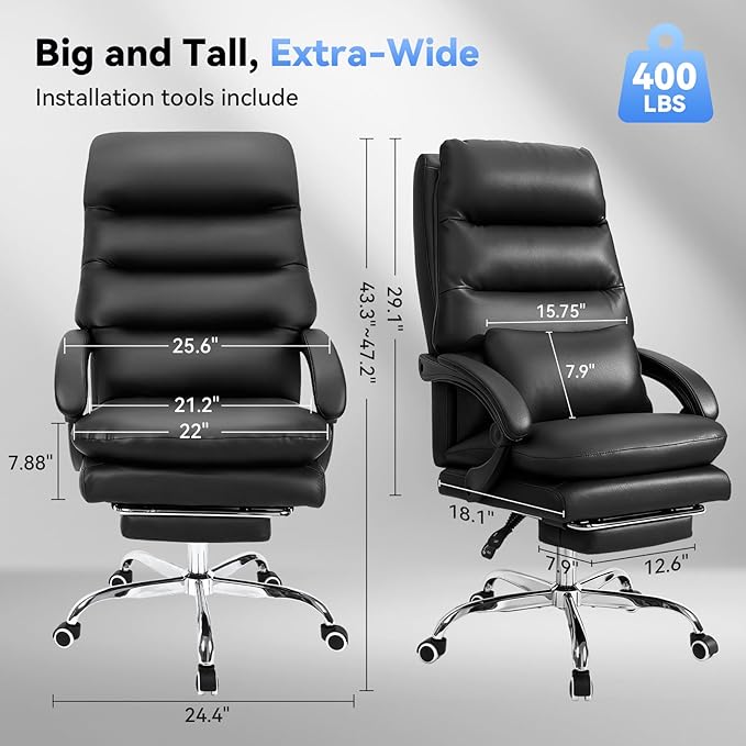 Holiwei Office Chair with Footrest, Big and Tall 400lbs Executive Desk Chair with Thickened Lumbar Support Pillow, High Back PU Leather Reclining Computer Chair, Ergonomic Swivel Task Chair, Black
