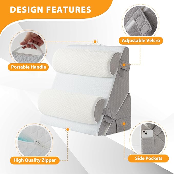 Ruqmuis 4PCS Wedge Pillow Set for After Surgery, Adjustable 9&12 Inch Bed Wedge Pillow for Sleeping, Incline Pillow Wedge for Headboard, Post Surgery, Acid Reflux, Neck&Back Support, White/Grey