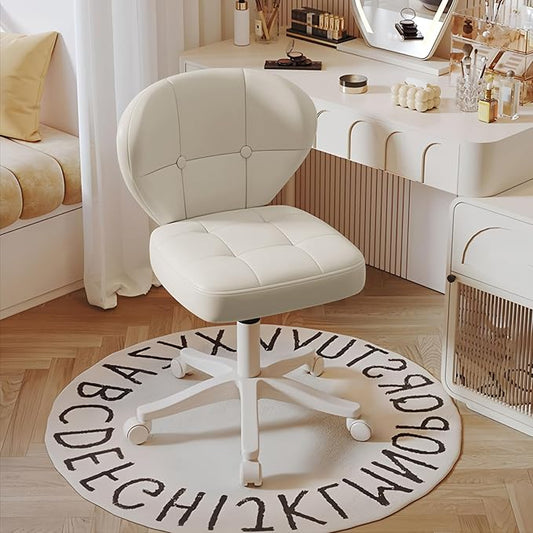 Vanity Chair with Back – Small Armless Office Chair with Wheels, Lumbar Support, PU Leather, Adjustable Height, 360° Swivel for Home, Bedroom, Office (White Set of 1)