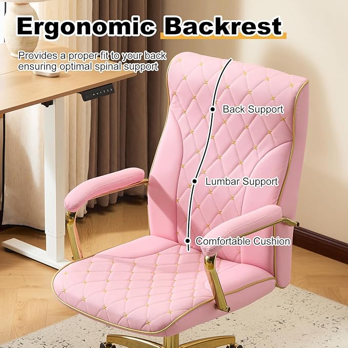 Furniliving Pink and Gold Office Chair, Leather Office Chairs, Adjustable Vanity Chair with Golden Legs and Padded Armrest, Modern Upholstered Computer Chair with Wheels,Pink