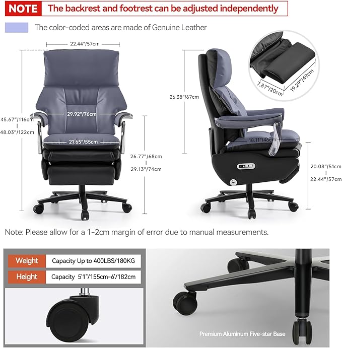 EMIAH Ergonomic Office Chair with Foot Rest Electric Executive Office Chair Reclining with Massage Big and Tall High Back Computer Chair with Wheels, Sustainable Leather（Black）