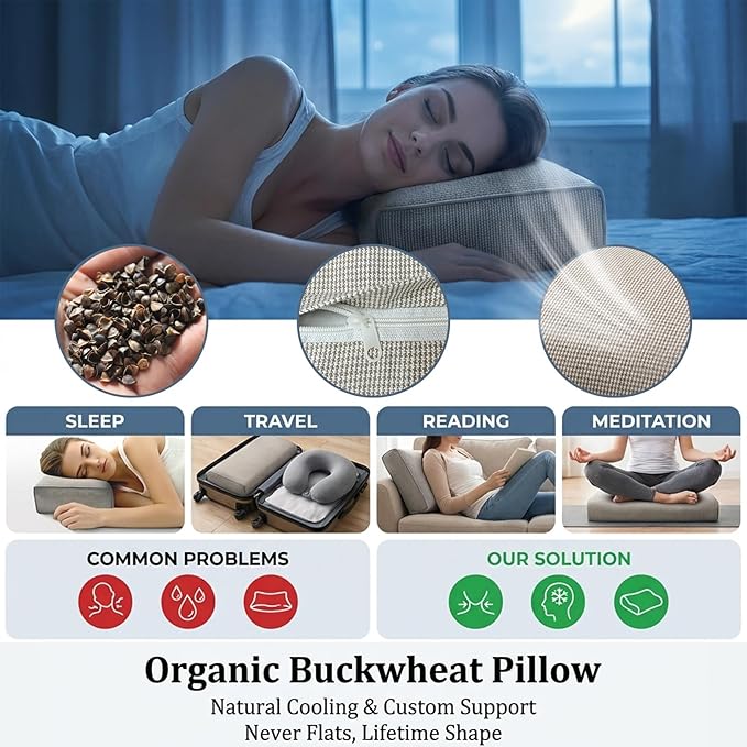 Adjustable Buckwheat Hull Pillow for Neck Pain Relief (21x8x4) Natural Cooling Cervical Support Camping Pillow for Side & Back Sleepers with Night Sweats (Coffee)