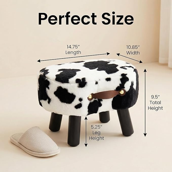 Small Footstool with Handle, Faux Fur Ottoman Foot Rest with Padded Seat, Curved Foot Stool with Wooden Legs, Portable Foot Rest for Living Room, Bedroom, Entryway, Cow