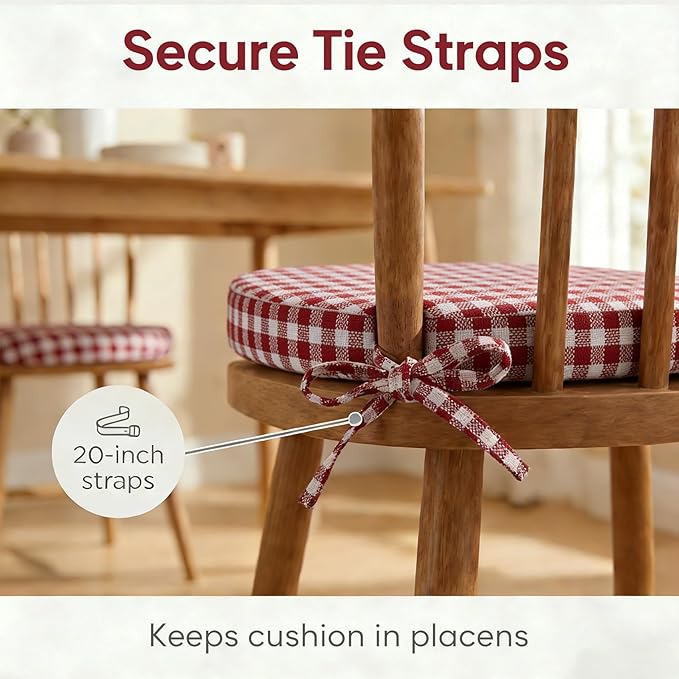 Burgundy Gingham Winsor Chair Cushions with Ties, Foam Dining Kitchen Chair Seat Pads Non Slip Removable Washable 17"x16" Set of 4