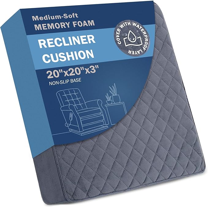Medium-Soft 20x20x3 Memory Foam Recliner Chair Seat Cushion for Long Sitting - Armchair Pad with Washable Velvety Cover with Waterproof Layer & Non-Slip Base for Seniors & Elderly - Gray