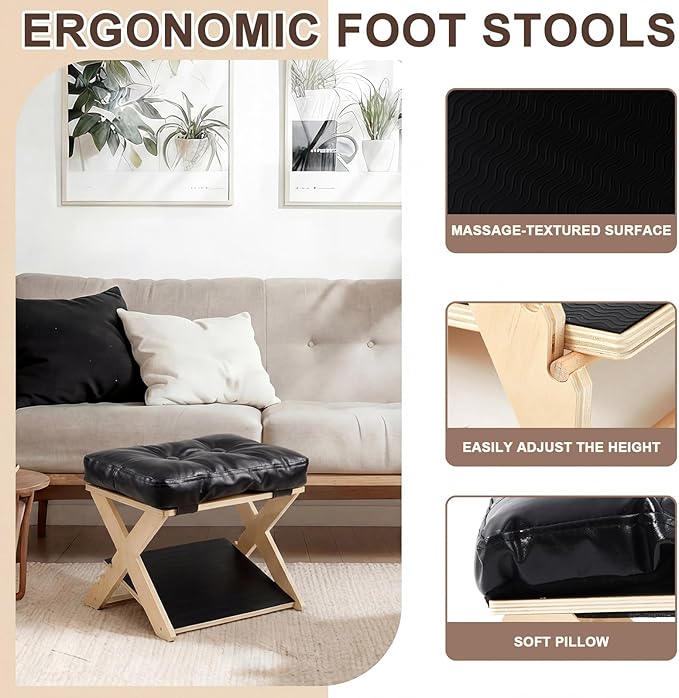 Unittype Double Step Foot Rest for Under Desk – Ergonomic Footrest with Massage Surface, Non-Slip Adjustable Wooden Foot Stool with Cushion for Improving Sitting Posture, Office Work & Home(Natural)