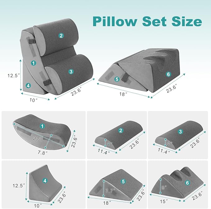 Hansleep Bed Wedge Pillow Set for After Surgery 6PCS, Post Surgery Pillow for Sleep Apnea and Acid Reflux Relief, Adjustable Reading Pillows Back Support with Memory Foam, Grey, 23"