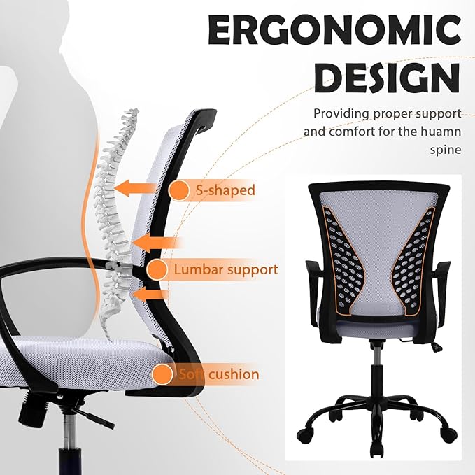 Modern Office Chair - Breathable Mesh Ergonomic Chair with Adjustable Lumbar Support, Mid Back Computer Chair for Home Office, Minimalist Design & Easy Assembly (White)