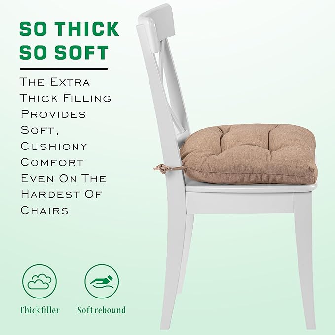 SQUARE MOON Chair Cushions for Dining Chairs, 3 Inch Thick Comfortable Kitchen Chair Pads, Dining Room Seat Cushions with Ties, Machine Washable, 17" x 16" x 3", 4/Pack, Light Coffee