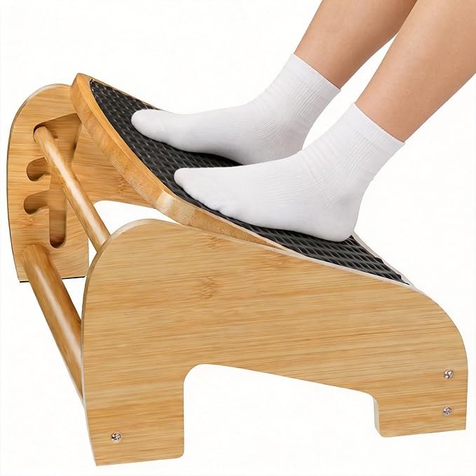 Upgraded Under Desk footrest- Bamboo Ergonomic Adjustable Footrest with 3 Height & Angle Settings,Pebble Massage Surface for Improved Posture and Blood Circulation,Home & Office