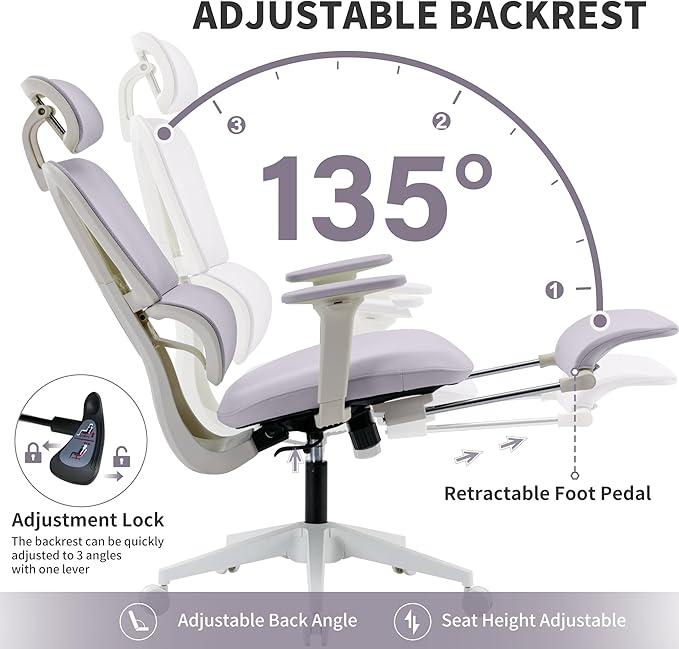 Ergonomic Office Chair with Footrest, 90-135° Reclining High Back Desk Chair with Lumbar Support, 2D Headrest, 2D Armrests, Computer Chair for Long Hours, Purple