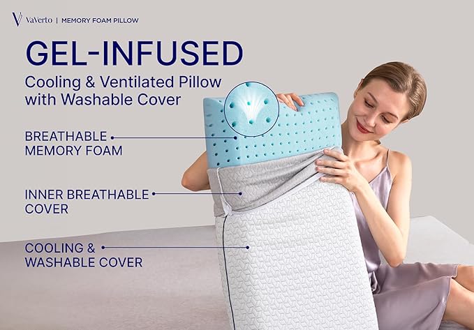 Cooling Gel Memory Foam Pillows - 1-Pack - Standard Size Memory Foam Pillow For Sleeping - Medium-Firm - Back, Stomach & Side Sleeper - Shoulder & Back Pain Relief - Washable, Bamboo Viscose Cover