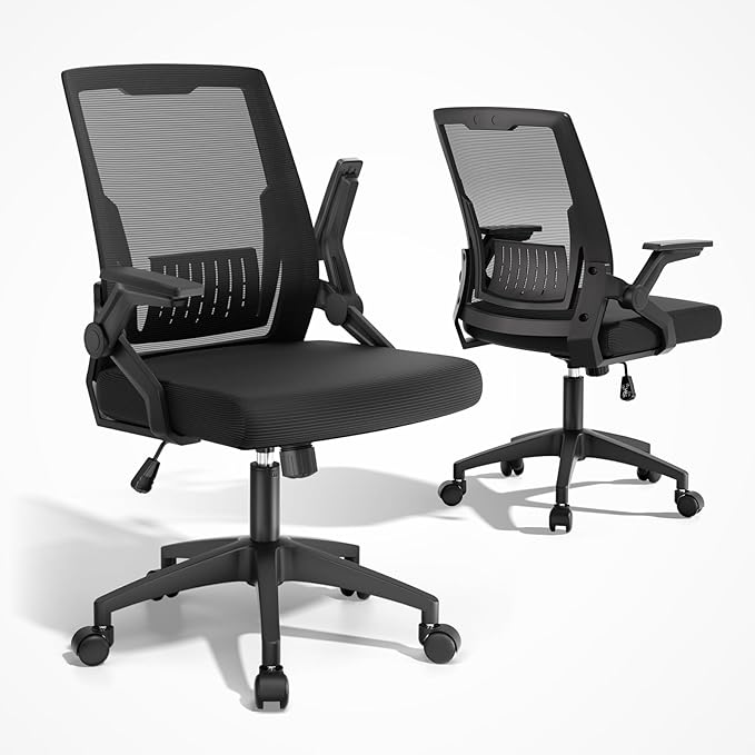 MoNiBloom Mid Back Mesh Office Chair with Flip-Up & Sliding Armrests, 18–22" Adjustable Seat Height, Ergonomic Desk Chair with Rocking Function, for Home Office, Black