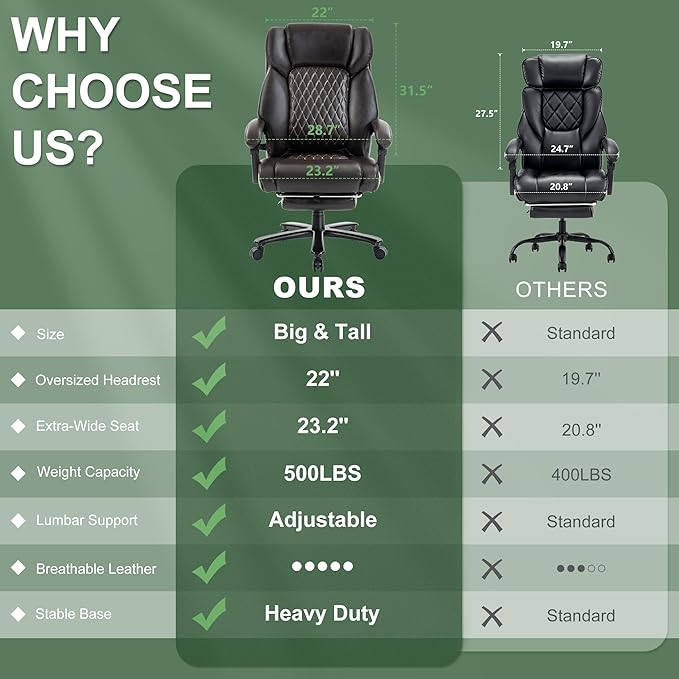 Reclining Office Chair with Retractable Footrest & Adjustable Lumbar Support - 500 lbs Capacity for Big and Tall Users, Leather Executive Desk Chair for Home Office, Work, and Relaxation, Brown
