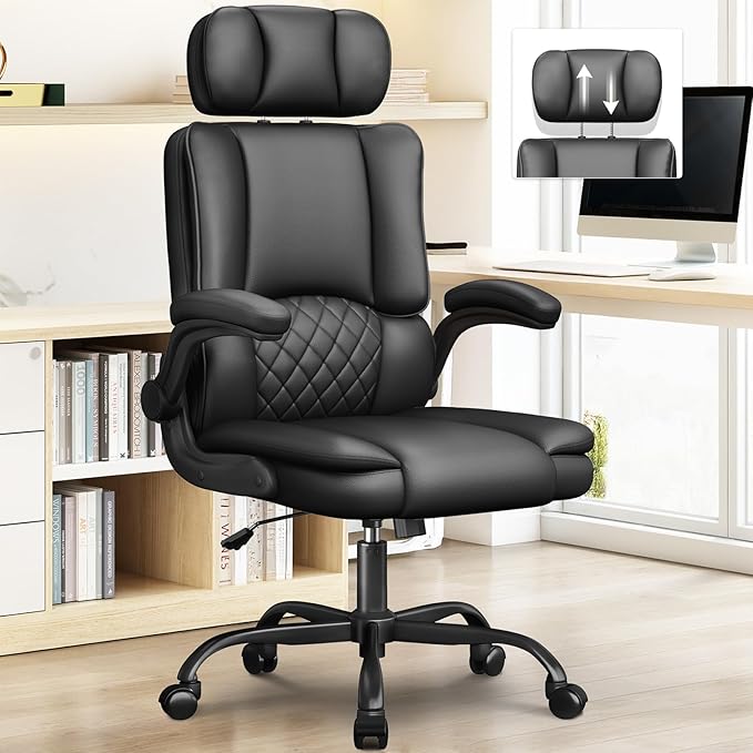 Executive Office Ergonomic Chair, Computer Chair with Adjustable Headrest,PU Leather Desk Chair,High-Back Swivel Task Chair for Home Office with Flip-Up Padded Armrests, 135°Reclining,Black