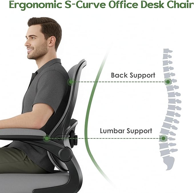 Office Chair Ergonomic Desk Chair - Mesh Comfy Home Desk Office Chairs with Wheels Adjustable Lumbar Support Flip up Armrest Executive Rolling Swivel Teacher Task Computer Chair Gray