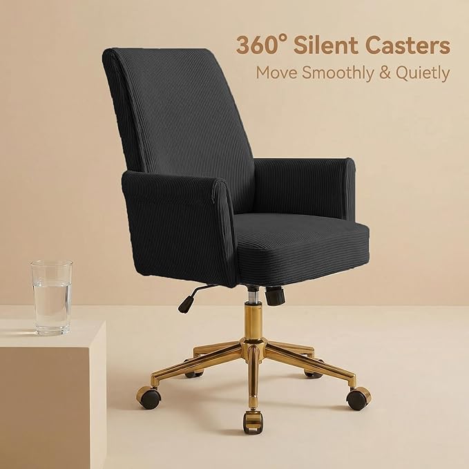 Striped Velvet Office Chair, 360° Swivel Ergonomic Task Chair with High Back, Gold Base and Wheels, Height Adjustable Modern Accent Chair for Home Office, Living Room, Study, Vanity Room (Black)