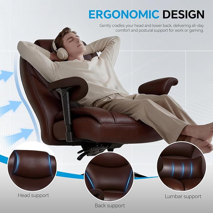 Big and Tall Office Desk Chair with 5-Position Armrests, 650 LBS Heavy Duty Executive Office Chair Comfy, Extra Wide Seat, High Back Computer Chair with Lumbar Support, Reclining Tilt Lock (Brown)