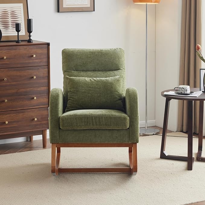 VINGLI Olive Chenille Rocking Chair Nursery with Thick Headrest, Upholstered Mid-Century Modern Nursing Rocker Glider with Curved Armrest, Sturdy Solid Wood Base for Living Room, Bedroom, Baby Room