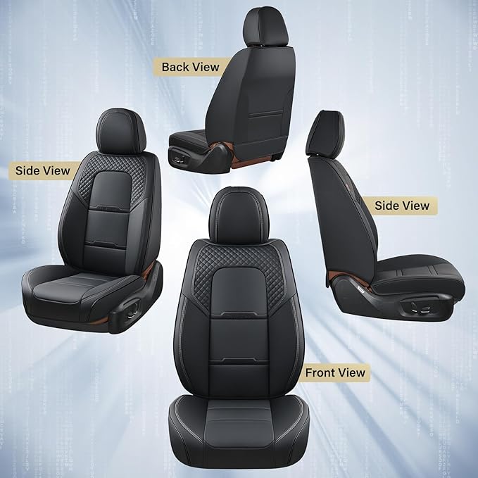 Coverado Car Seat Covers Full Set, 5 Piece Car Seat Protector with Removable Headrest, Nappa Leather Breathable Front Rear Seat Cushion Side All Wrapped Universal Fit Truck Automotive Most Cars Black
