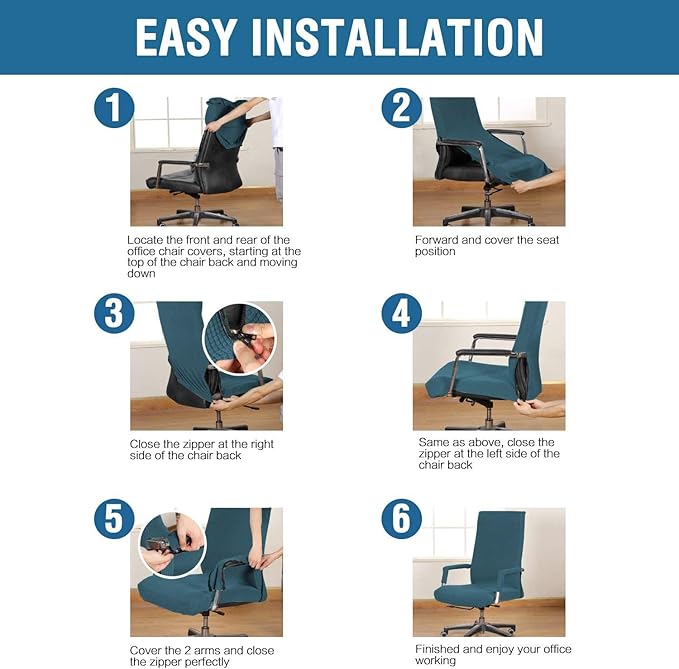 H.VERSAILTEX 3 Pcs Computer Office Chair Cover Universal Rotating Chair Slipcovers Protector Removable Washable Office Armrest Covers with Zipper for High Back Seat Backrest Pads(Large,Deep Teal)