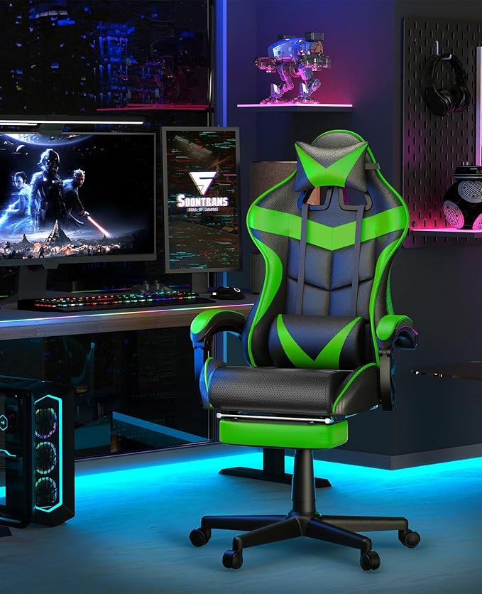 Soontrans Green Gaming Chair with Footrest,Racing Gaming Chair,Computer Gamer Chair,Ergonomic Game Chair with Adjustable Headrest and Lumbar Support(Jungle Green)