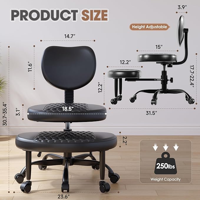 Cross Legged Office Chair, 360° Swivel ADHD Chairs for Adults, Height Adjustable Ergonomic Cross Legged Office Chair with Wheels, Wide Cross Legged Chair for Meditation, Yoga (Black)