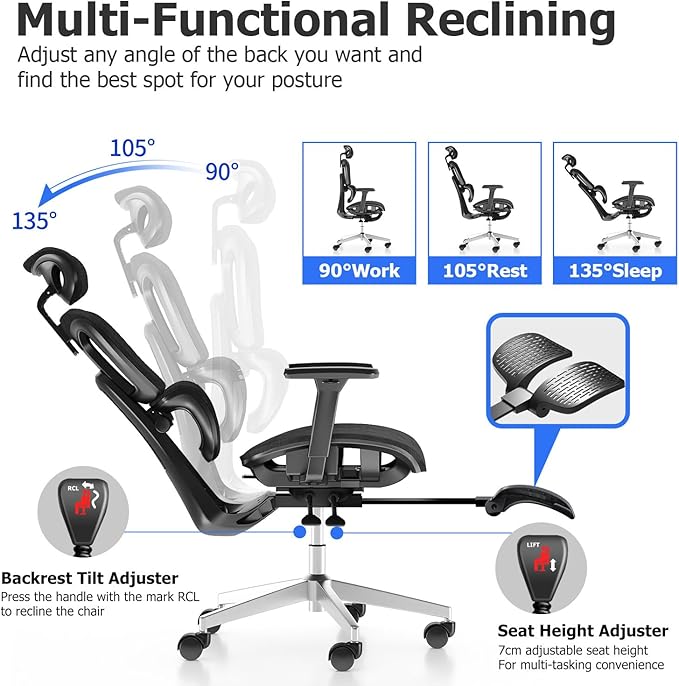 PatioMage Ergonomic Office Chair with Footrest, Big and Tall Desk Chair with Adjustable Lumbar Support, Seat Depth & 3D Armrests, High Back Mesh Computer Chair for Home Office, Black