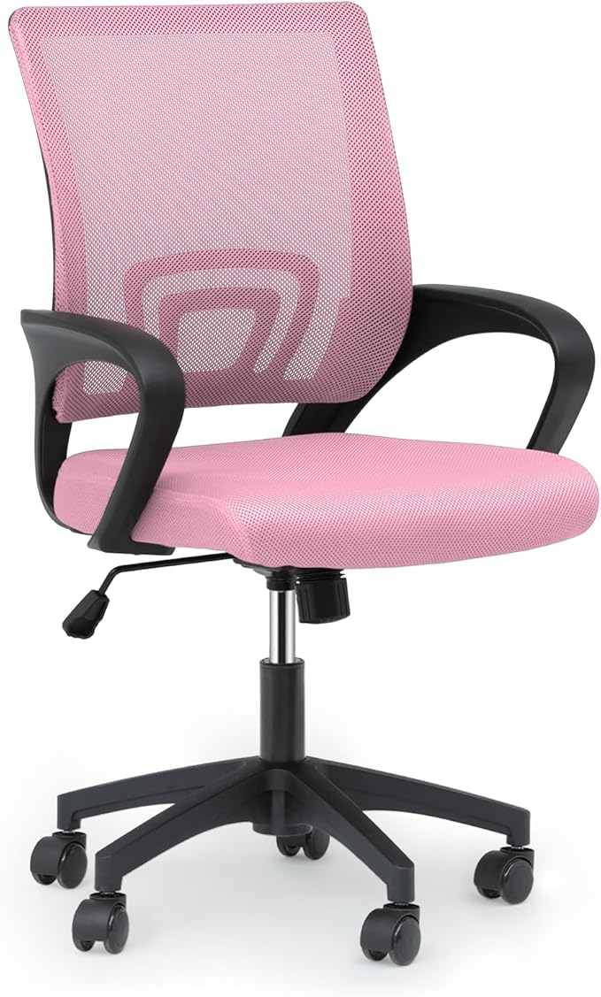 MoNiBloom Mesh Office Chair, Ergonomic Computer Chair for Adults, Rolling Swivel Mid-Back Desk Chair with Lumbar Support, Comfy Armrest for Home Office, Gaming, Pink