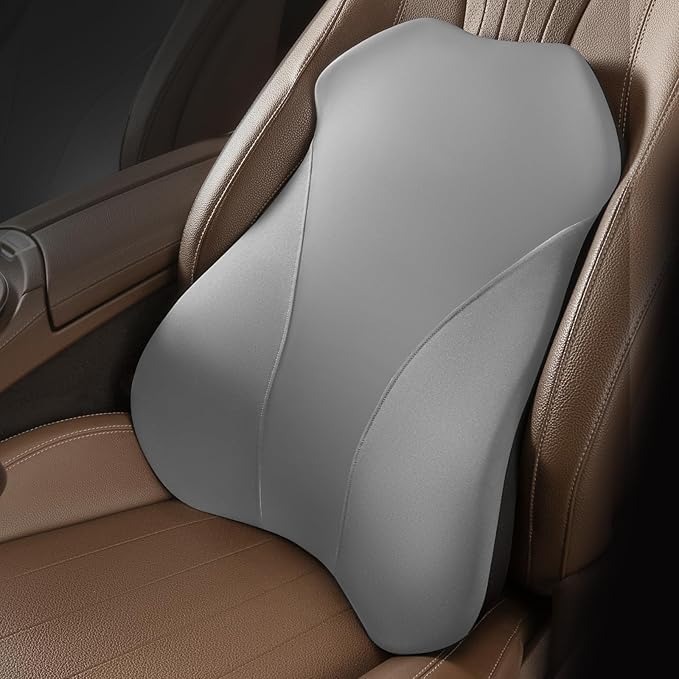 Lumbar Support Pillow for Car, Memory Foam Back Cushion for Driving Seat, Truck Accessories Travel Essentials, Back Pain Relief, Washable Cover, Plus Size Lower Back Support Fits Most Cars (Gray)