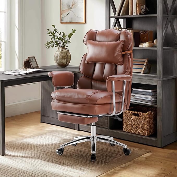 Sweetcrispy Executive Home Office Desk Chair - Ergonomic Big Tall High Back with Footrest & Lumbar Support, Reclining Height Adjustable, Comfy PU Leather Computer Gaming with Swivel Wheels, Brown