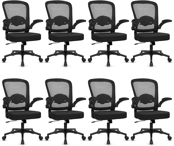 KLASIKA Desk Chairs with Wheels, Ergonomic Mesh Back Home Office Chair Adjustable Lumbar Support and Height Swivel Rolling Computer Task Chairs with Flip Up Armrests for Conference Meeting, Black, 8PK