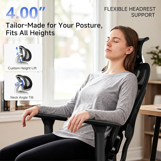 Ergonomic Office Chair with Footrest, 4D Armrests & Dynamic Lumbar Support, High Back Mesh Desk Chair with Adjustable Headrest, Reclining Computer Chair 380lbs for Long Hours (Black)