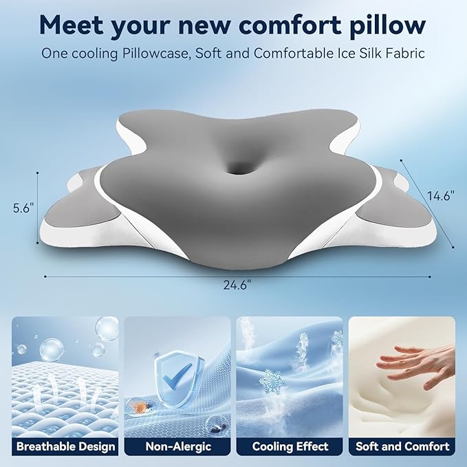 Sleep Apnea Pillow with Neck Pain & Snoring Relief -Orthopedic Cervical Pillow, Ergonomic Contour Memory Foam for Side, Back,Stomach Sleepers, Medium Firm (Darkgrey, Queen Size 25" lx15 wx5.8 h)