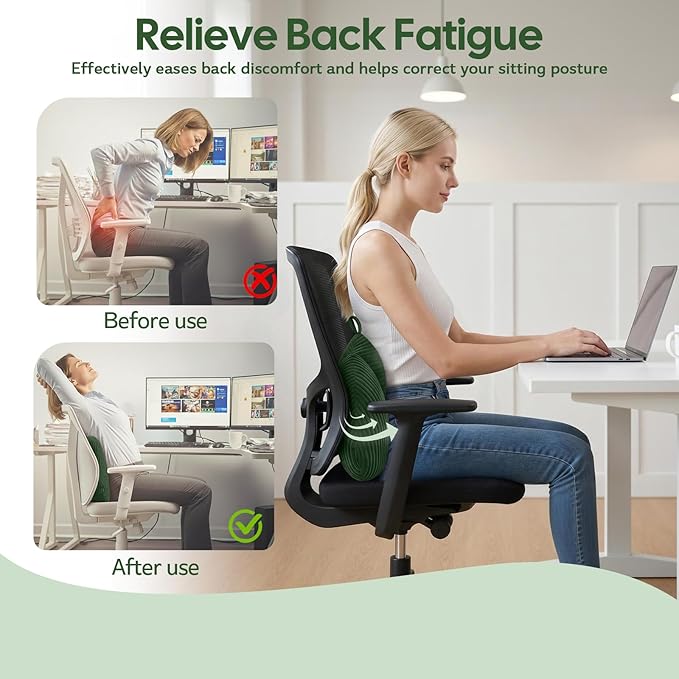 Lumbar Support Pillow for Couch, Back Support Pillow for Office Chair, Heart-Shape Back Cushion with Shredded Foam for Back Pain Relief & Reading, Lumbar Cushions for Recliner, Car, Green