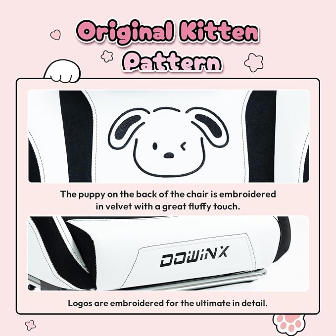 Dowinx Gaming Chair Cute with Plush Doggy and Massage Lumbar Support, Ergonomic Computer Chair for Girl with Footrest and Headrest, Comfortable Game Chair 290lbs for Adult, Teen, Black and White