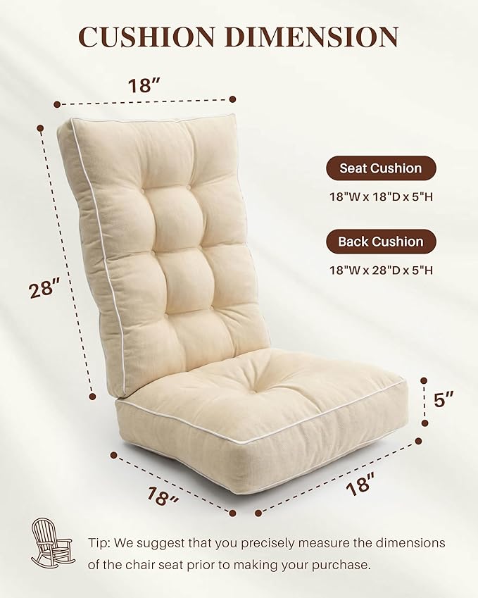 Rocking Chair Cushions Indoor, 5-inch Thicken Seat Cushion with Memory Foam Non-Slip Tufted Chair Pads Set of Seat & Back Cushion for Outdoor Rocker Living Room, Beige, 28x18x5/18x18x5